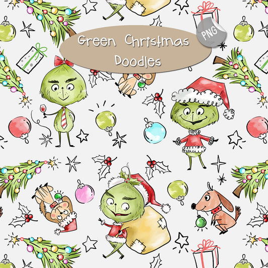 Green Christmas Hand Drawn ,doodle clipart, Seamless Pattern, instant download PNG file - 300 dpi (Copy)