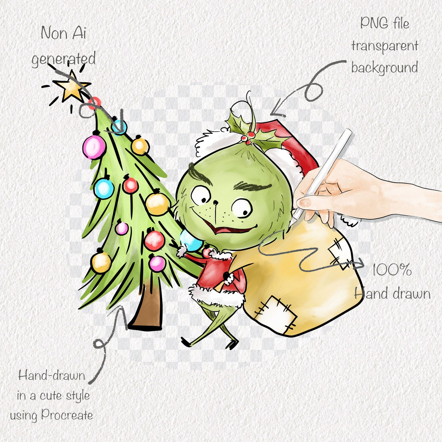 Green Christmas Hand Drawn ,doodle clipart, Seamless Pattern, instant download PNG file - 300 dpi (Copy)