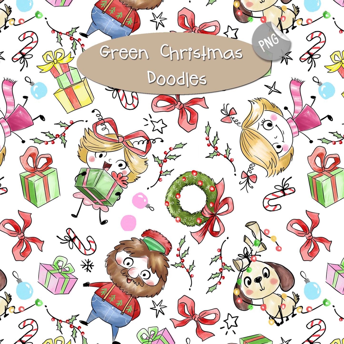 Green Christmas Hand Drawn ,doodle clipart, Seamless Pattern, instant download PNG file - 300 dpi (Copy)