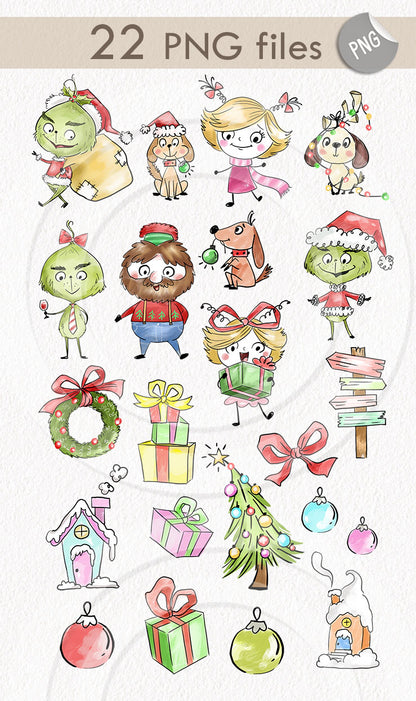 Green Christmas Hand Drawn ,doodle clipart, Seamless Pattern, instant download PNG file - 300 dpi (Copy)