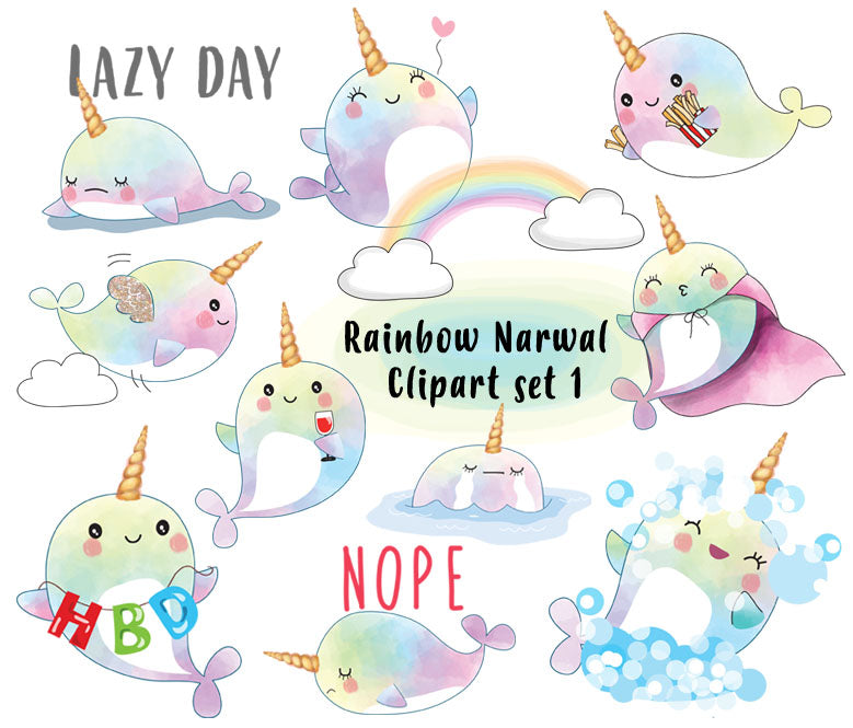 Rainbow Narwhal clipart instant download PNG files - 300 dpi