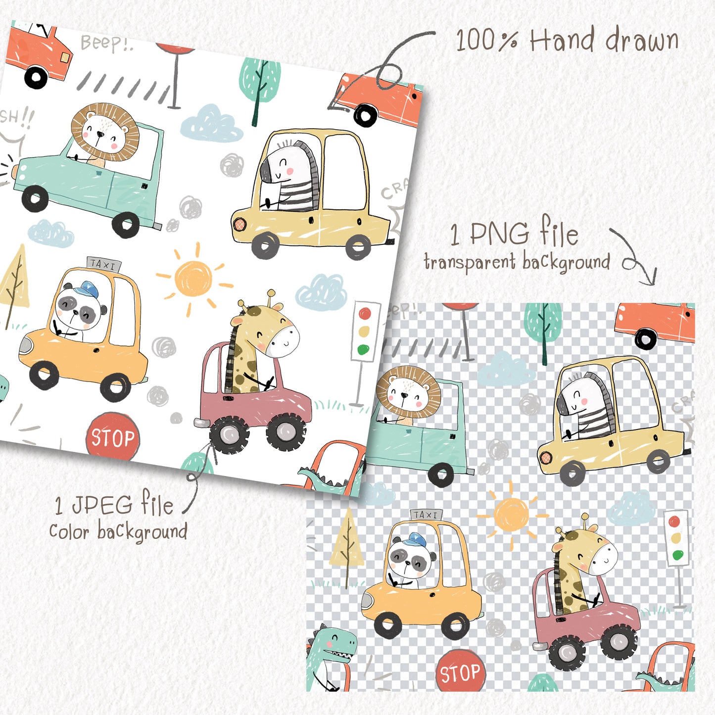 Animals car Seamless Pattern, instant download PNG file - 300 dpi