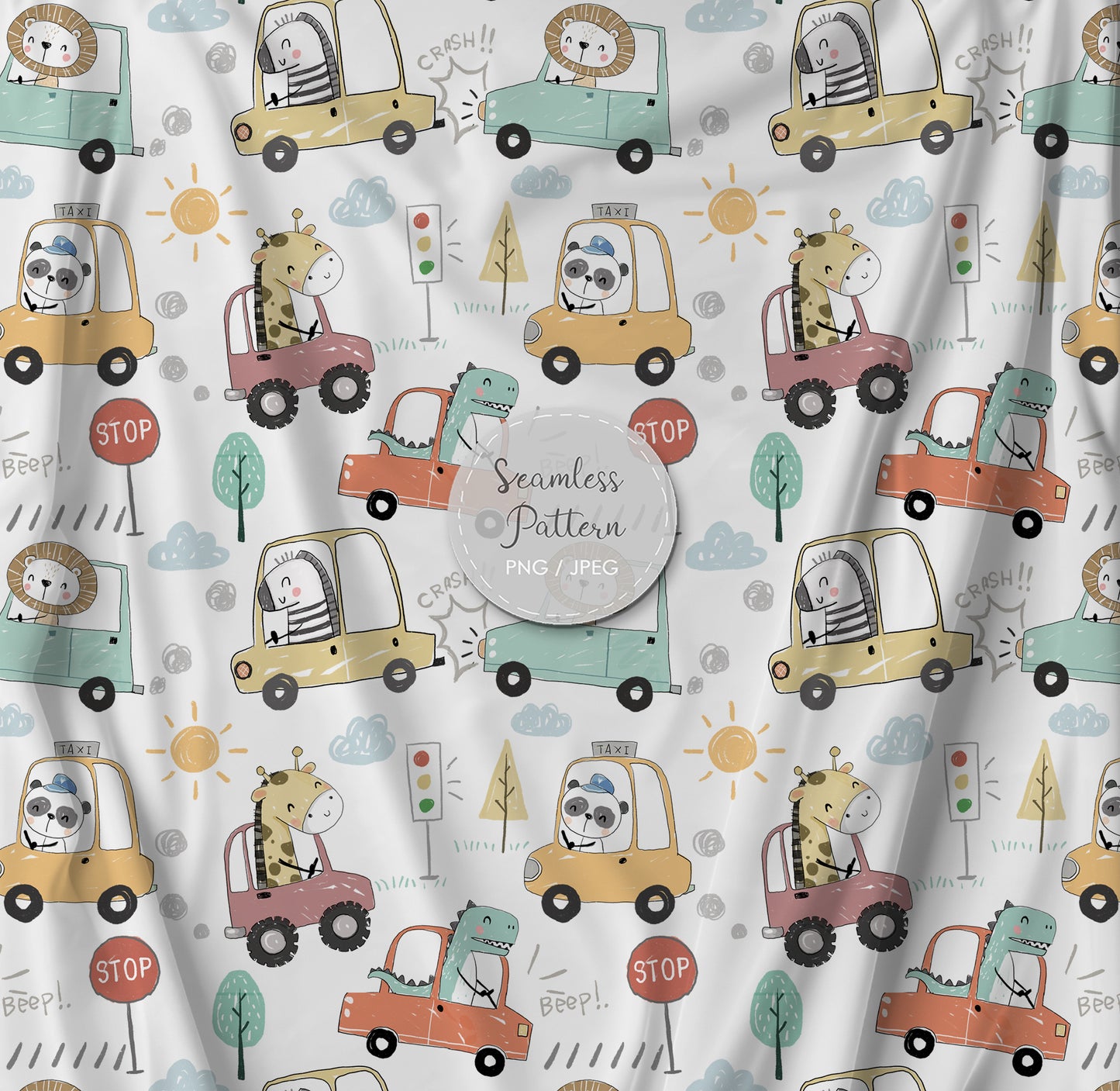 Animals car Seamless Pattern, instant download PNG file - 300 dpi