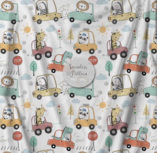 Animals car Seamless Pattern, instant download PNG file - 300 dpi
