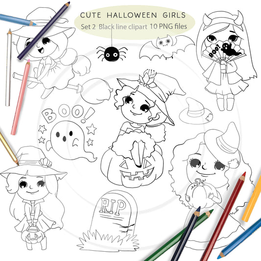 Cute Halloween Girls clipart set 2, blackline art instant download PNG file - 300 dpi