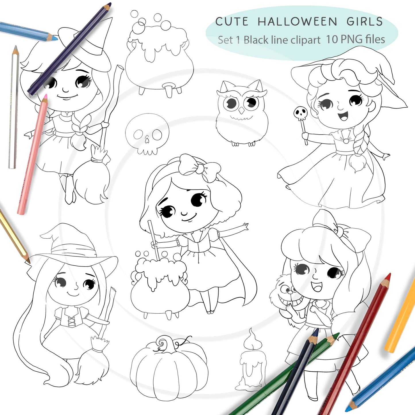 Cute Halloween Girls clipart set 1, blackline art instant download PNG file - 300 dpi