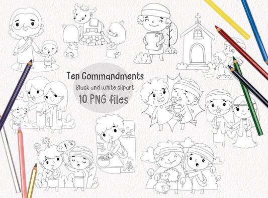 Ten Commandments Clipart, Bible Characters , digital stamp clipart, blackline art instant download PNG file - 300 dpi