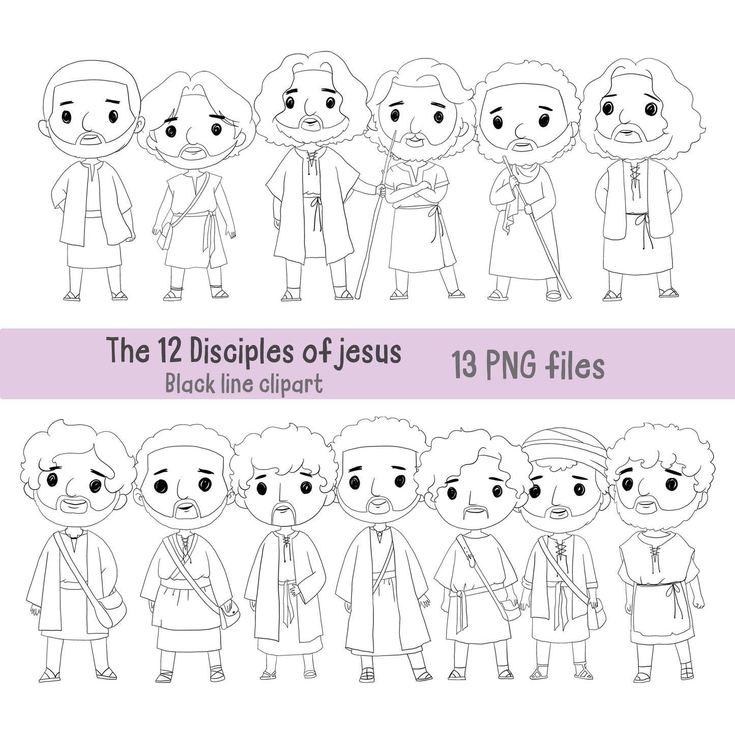 The 12 Disciples of Jesus Clipart, Bible Characters , digital stamp clipart, blackline art instant download PNG file - 300 dpi