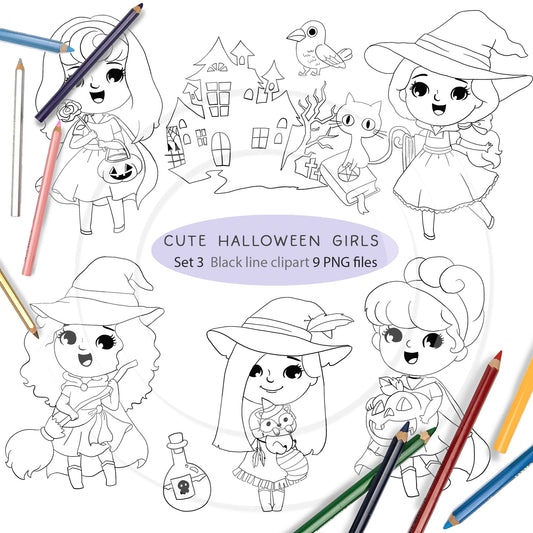 Cute Halloween Girls clipart set 3, blackline art instant download PNG file - 300 dpi