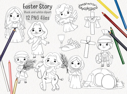 Easter story digital stamp clipart, blackline art instant download PNG file - 300 dpi