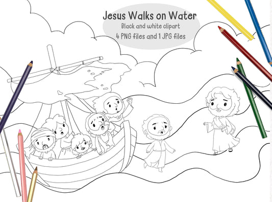 Jesus Walks on Water Clipart, Bible Characters , digital stamp clipart, blackline art instant download PNG file - 300 dpi