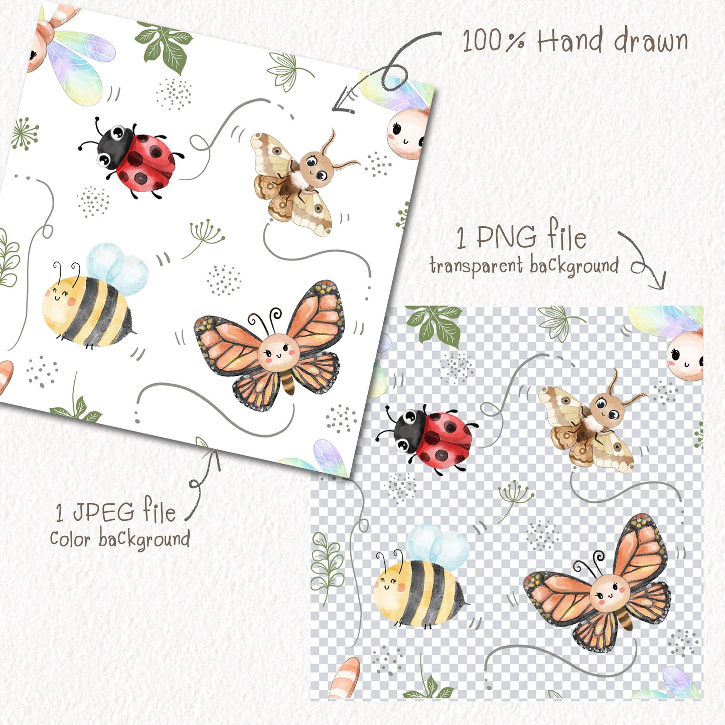 Bug hand drawn Seamless Pattern, instant download PNG file - 300 dpi