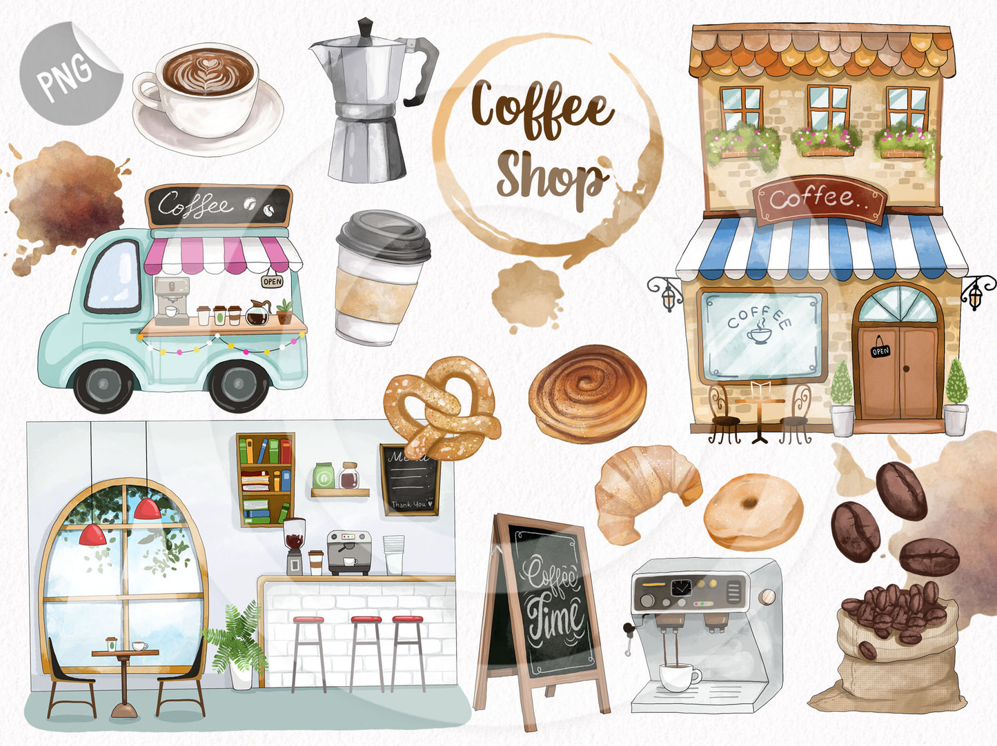 Coffee shop clipart, coffee watercolor clipart instant download PNG file - 300 dpi