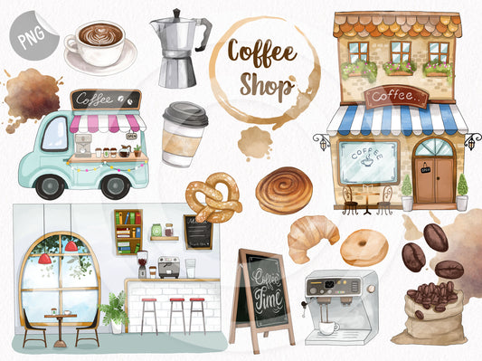 Coffee shop clipart, coffee watercolor clipart instant download PNG file - 300 dpi