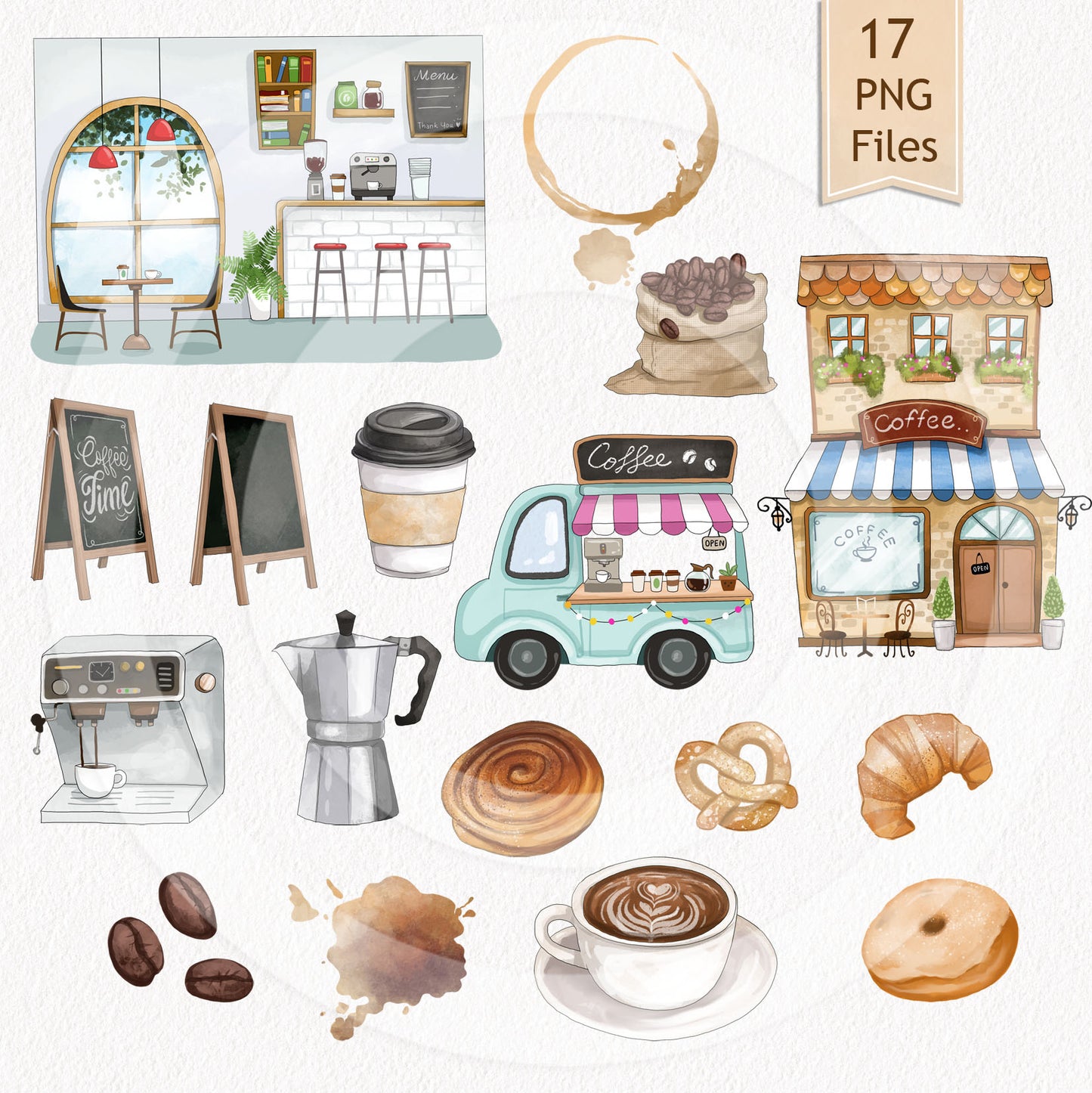 Coffee shop clipart, coffee watercolor clipart instant download PNG file - 300 dpi