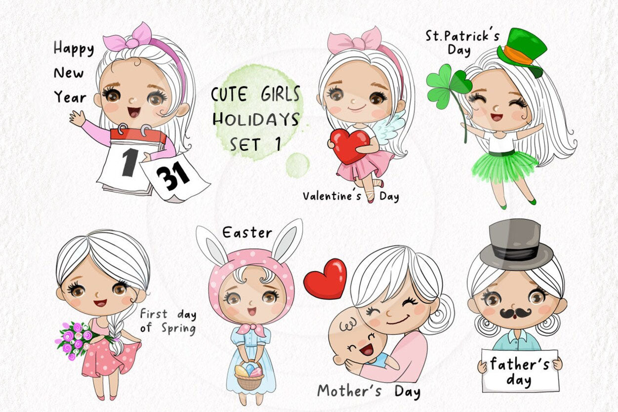 Cute girls holidays set1 clipart instant download PNG file - 300 dpi