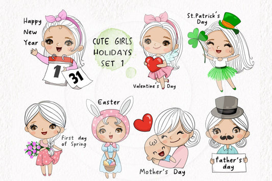 Cute girls holidays set1 clipart instant download PNG file - 300 dpi