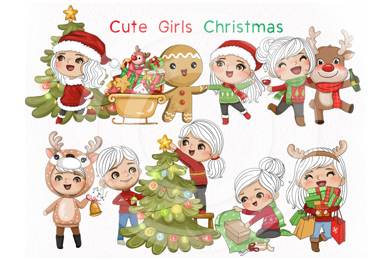 Cute girls Chrismtas clipart instant download PNG file - 300 dpi