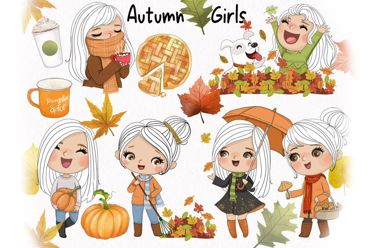 Cute autumn girls clipart instant download PNG file - 300 dpi