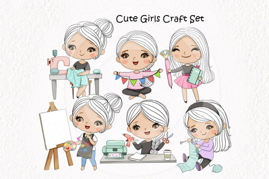 Cute girls craft clipart instant download PNG file - 300 dpi