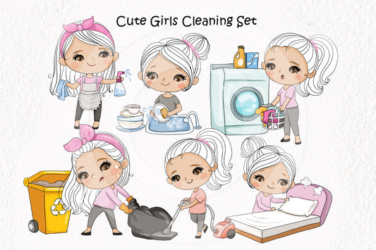 Cute girls cleaning clipart instant download PNG file - 300 dpi