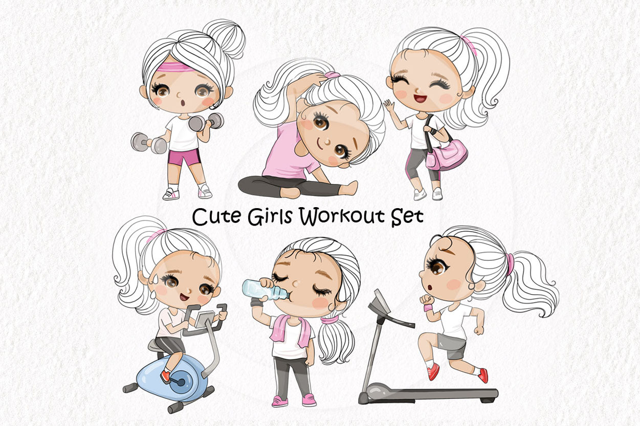 Cute girls workout clipart instant download PNG file - 300 dpi