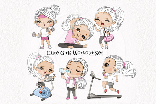 Cute girls workout clipart instant download PNG file - 300 dpi