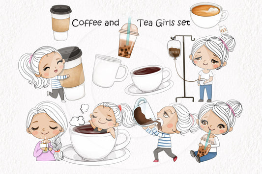 Cute girls coffee and tea owner clipart instant download PNG file - 300 dpi