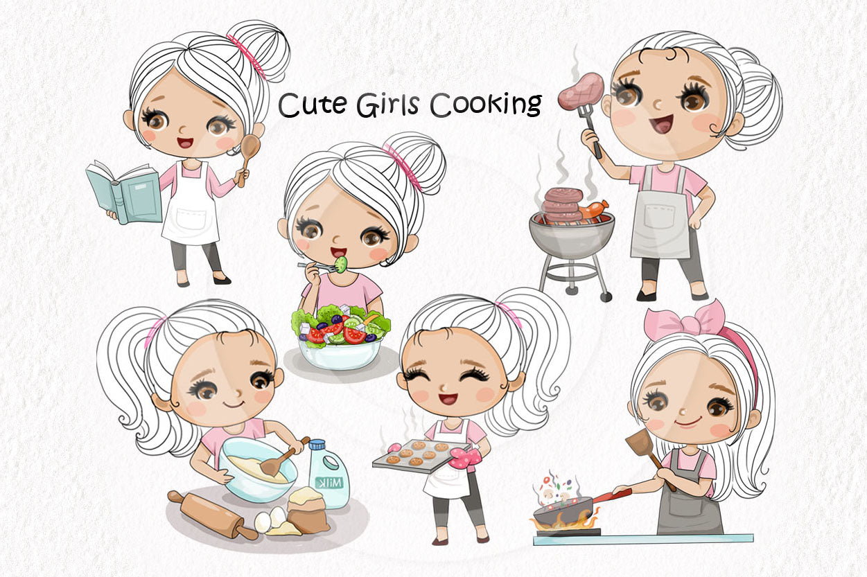 Cute girls cooking clipart instant download PNG file - 300 dpi