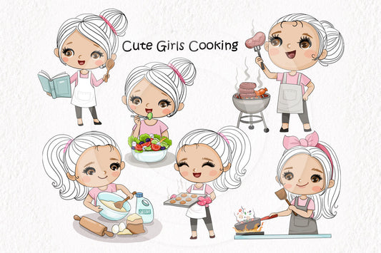 Cute girls cooking clipart instant download PNG file - 300 dpi