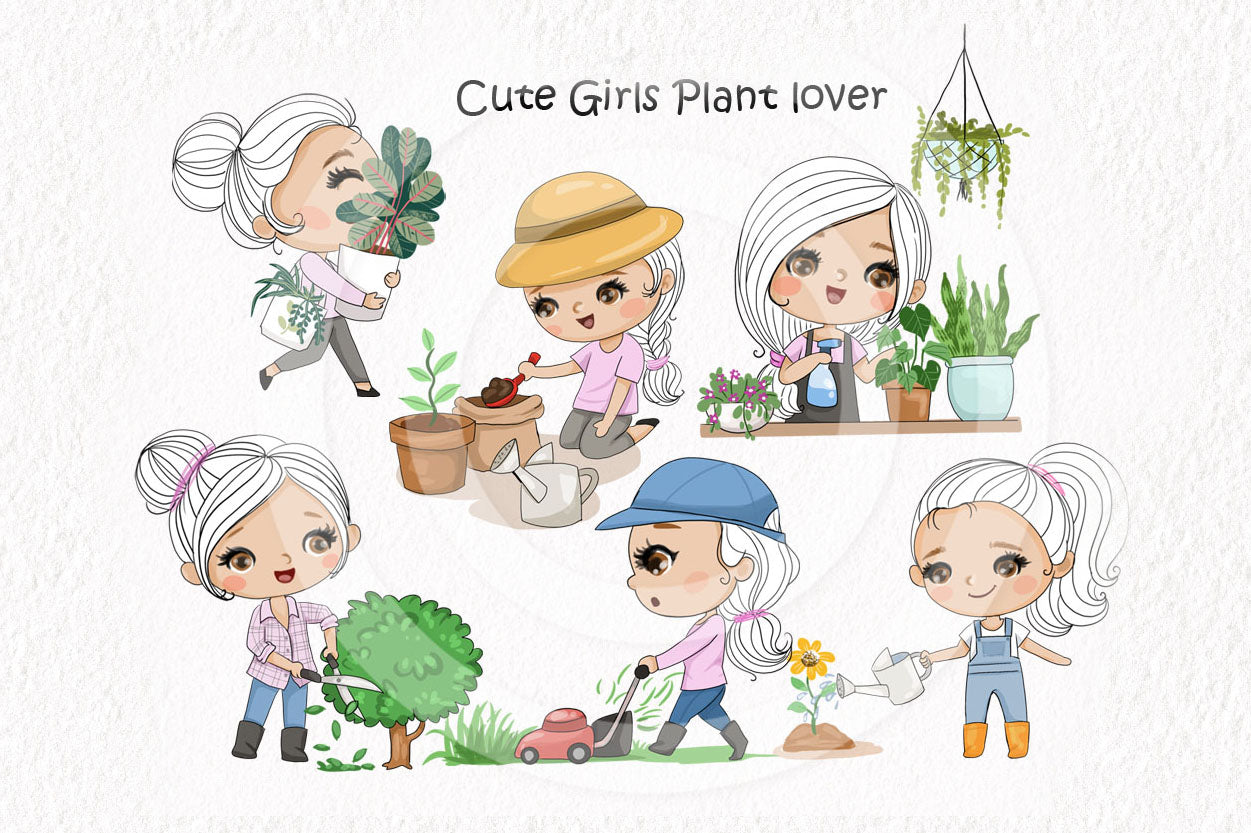 Cute girls plant lover clipart instant download PNG file - 300 dpi