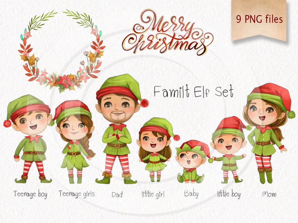 Elf Family clipart , Christmas clipart set instant download PNG file - 300 dpi