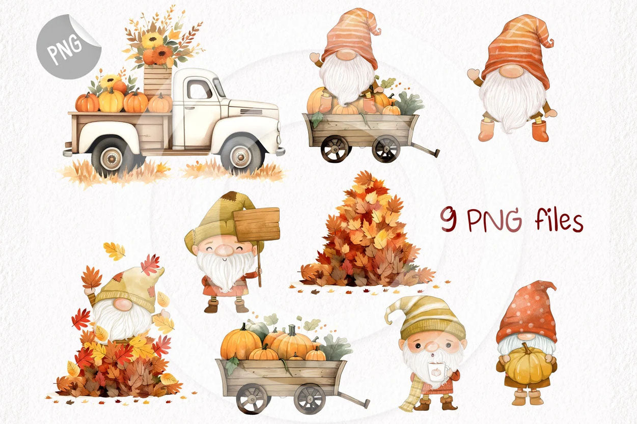 Fall Gnomes Clipart PNG files instant download PNG file - 300 dpi.