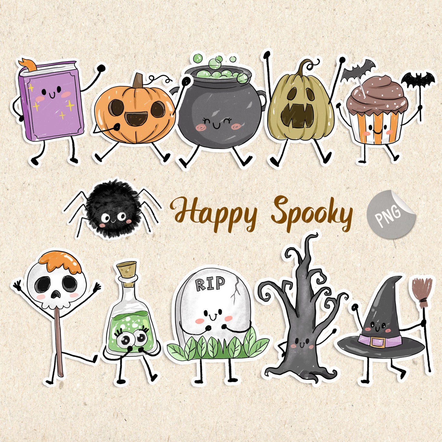 Happy Halloween doodle clipart PNG files instant download PNG file - 300 dpi.