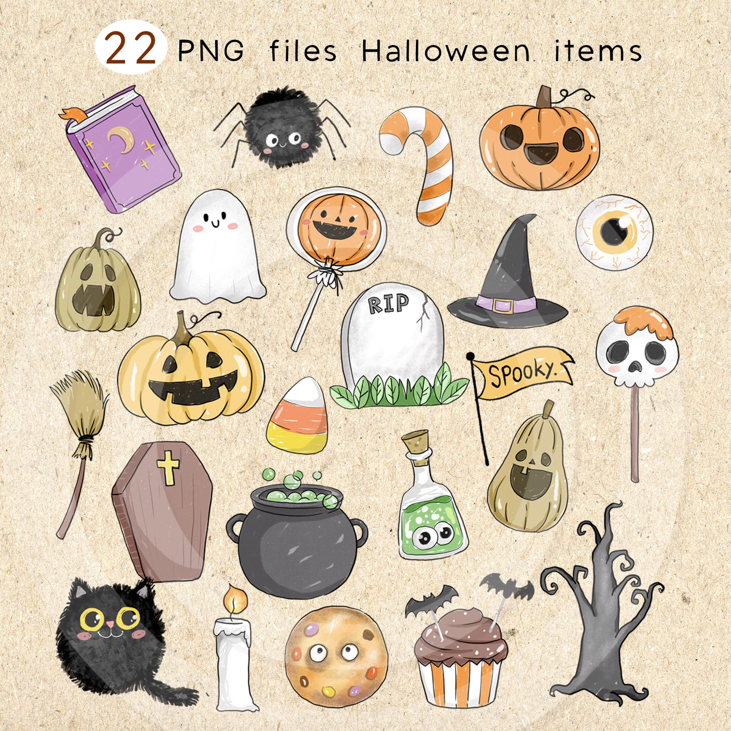 Happy Halloween doodle clipart PNG files instant download PNG file - 300 dpi.