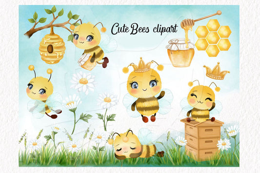 Bee and honey watercolor clipart, instant download PNG file