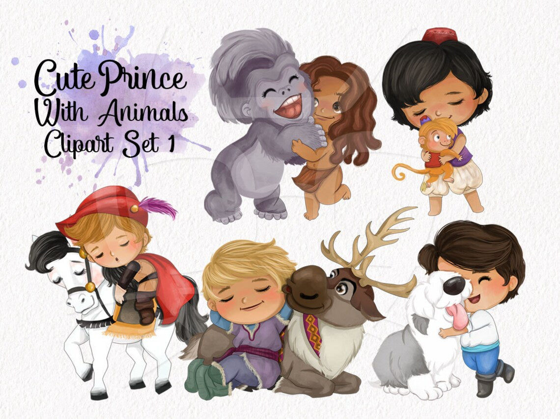 Cute prince with animals ClipArt set1 instant download PNG file - 300 dpi