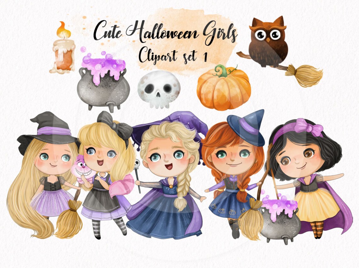 Cute Halloween Girls clipart set 1 instand download PNG file - 300 dpi