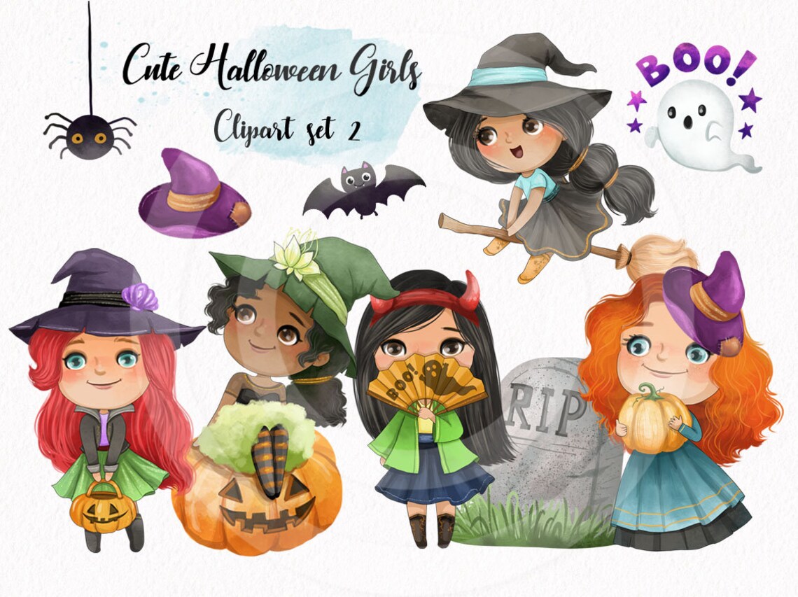 Cute Halloween Girls clipart set2 instand download PNG file - 300 dpi