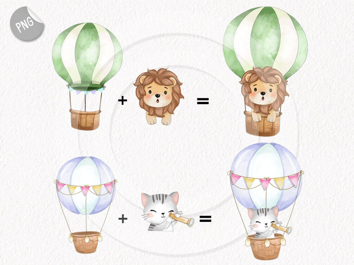 Hot Air Balloon , animals hot air balloon clipart instant download PNG file - 300 dpi