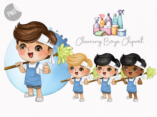 Cleaning boys clipart set, instant download PNG file - 300 dpi