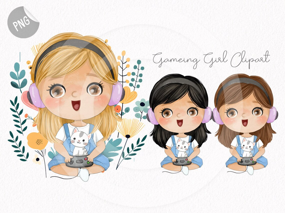 Cute Gamer girl set, instant download PNG file - 300 dpi