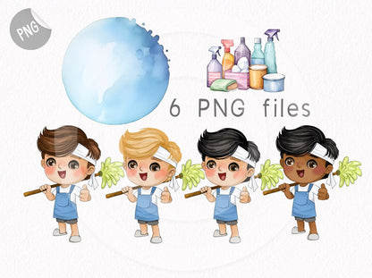 Cleaning boys clipart set, instant download PNG file - 300 dpi