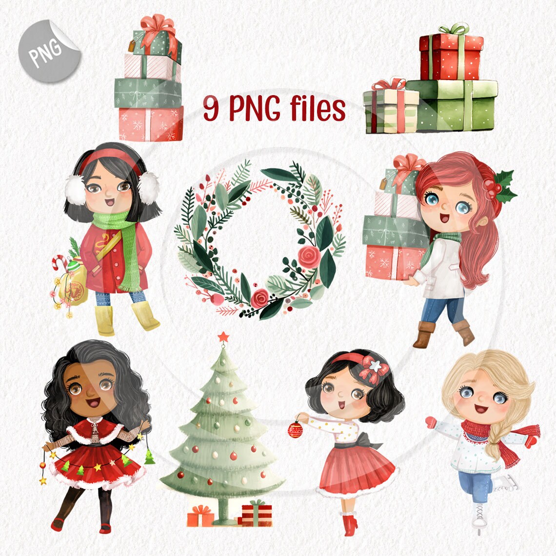 Christmas cute girls clipart set1 instant download PNG file - 300 dpi