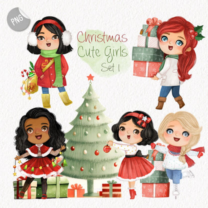 Christmas cute girls clipart set1 instant download PNG file - 300 dpi