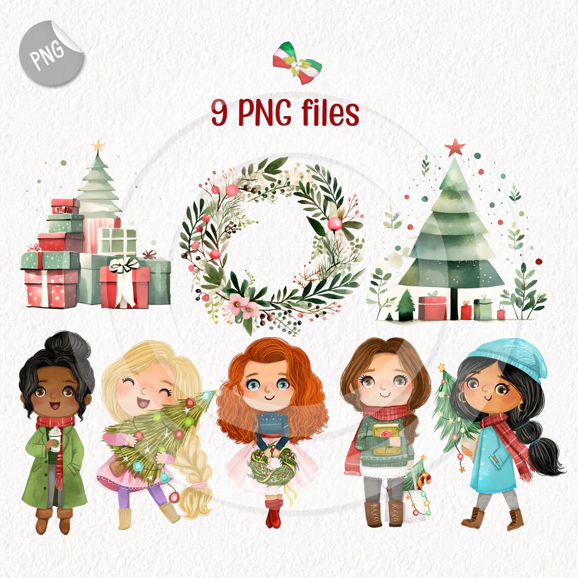 Christmas cute girls clipart set2 instant download PNG file - 300 dpi