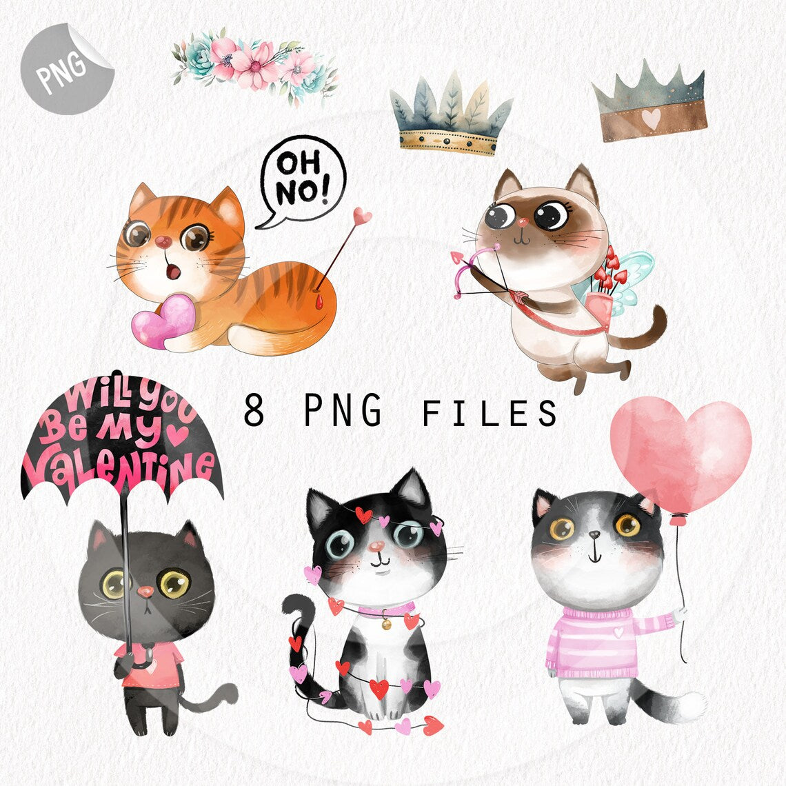 Cute Valentines cat clipart instant download PNG file