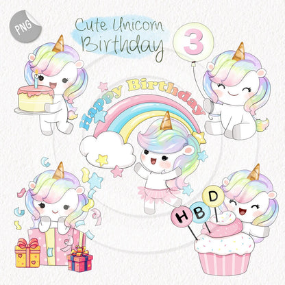 Cute Unicorn Birthday clipart instant download PNG file - 300 dpi