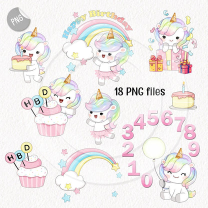 Cute Unicorn Birthday clipart instant download PNG file - 300 dpi