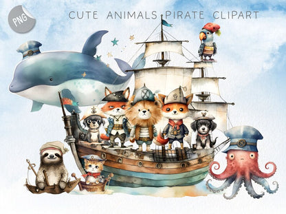 Cute animals pirate clipart instant download PNG file - 300 dpi